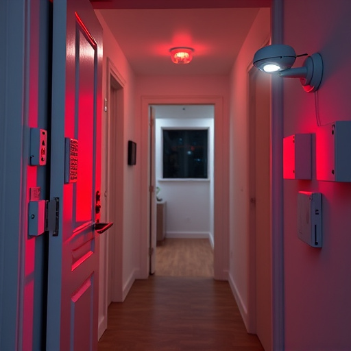 apartment entry secured with bolt lock,connected smart home with multiple sensors,emergency alert system inside hallway,flashing red home security alert light at night,ai security camera scanning for movement,night vision security camera watching driveway