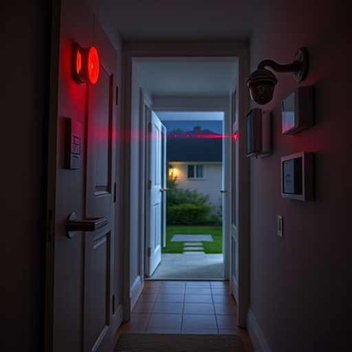 apartment entry secured with bolt lock,connected smart home with multiple sensors,emergency alert system inside hallway,flashing red home security alert light at night,ai security camera scanning for movement,night vision security camera watching driveway