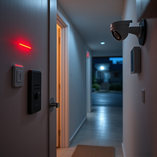 apartment entry secured with bolt lock,connected smart home with multiple sensors,emergency alert system inside hallway,flashing red home security alert light at night,ai security camera scanning for movement,night vision security camera watching driveway