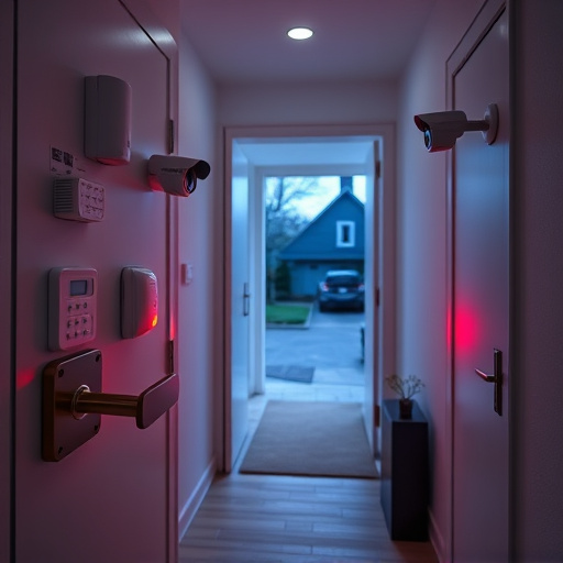 apartment entry secured with bolt lock,connected smart home with multiple sensors,emergency alert system inside hallway,flashing red home security alert light at night,ai security camera scanning for movement,night vision security camera watching driveway