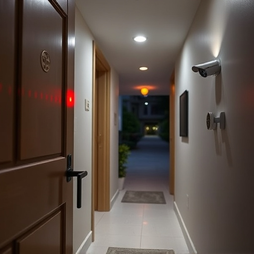 apartment entry secured with bolt lock,connected smart home with multiple sensors,emergency alert system inside hallway,flashing red home security alert light at night,ai security camera scanning for movement,night vision security camera watching driveway