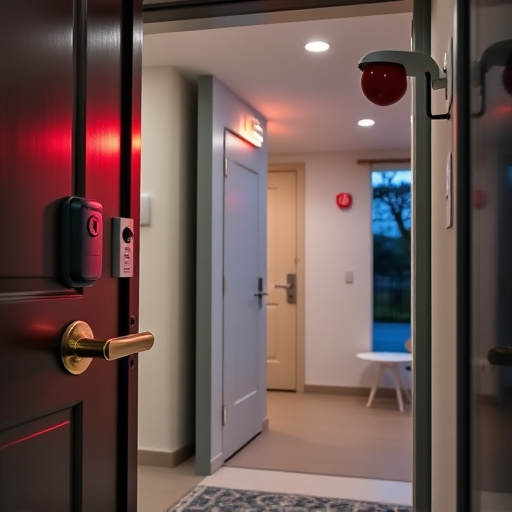apartment entry secured with bolt lock,connected smart home with multiple sensors,emergency alert system inside hallway,flashing red home security alert light at night,ai security camera scanning for movement,night vision security camera watching driveway