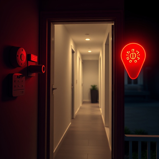 apartment entry secured with bolt lock,connected smart home with multiple sensors,emergency alert system inside hallway,flashing red home security alert light at night,ai security camera scanning for movement,night vision security camera watching driveway