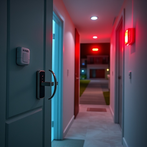 apartment entry secured with bolt lock,connected smart home with multiple sensors,emergency alert system inside hallway,flashing red home security alert light at night,ai security camera scanning for movement,night vision security camera watching driveway