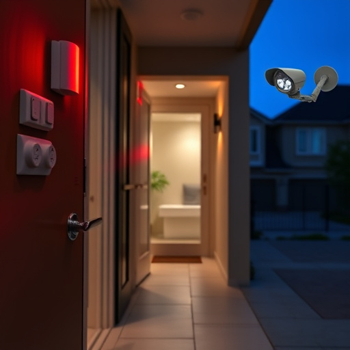apartment entry secured with bolt lock,connected smart home with multiple sensors,emergency alert system inside hallway,flashing red home security alert light at night,ai security camera scanning for movement,night vision security camera watching driveway
