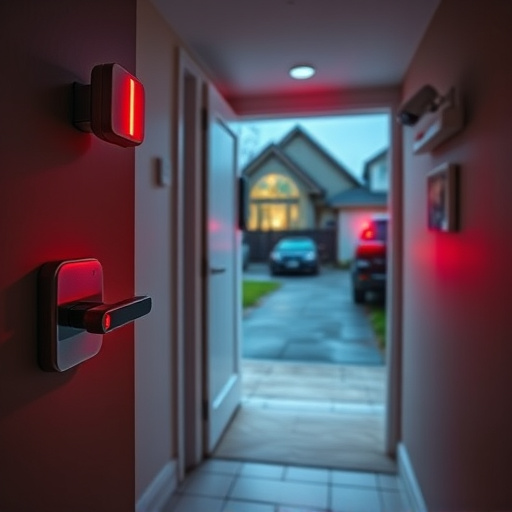 apartment entry secured with bolt lock,connected smart home with multiple sensors,emergency alert system inside hallway,flashing red home security alert light at night,ai security camera scanning for movement,night vision security camera watching driveway
