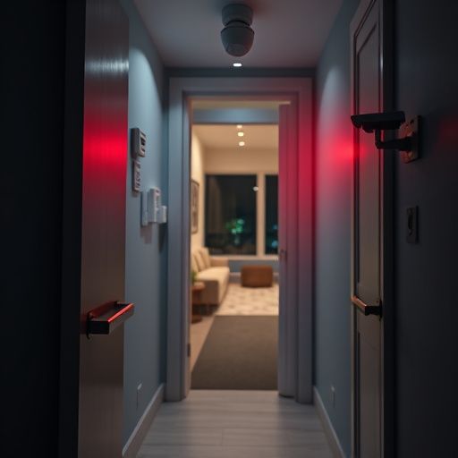 apartment entry secured with bolt lock,connected smart home with multiple sensors,emergency alert system inside hallway,flashing red home security alert light at night,ai security camera scanning for movement,night vision security camera watching driveway