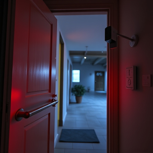 apartment entry secured with bolt lock,connected smart home with multiple sensors,emergency alert system inside hallway,flashing red home security alert light at night,ai security camera scanning for movement,night vision security camera watching driveway