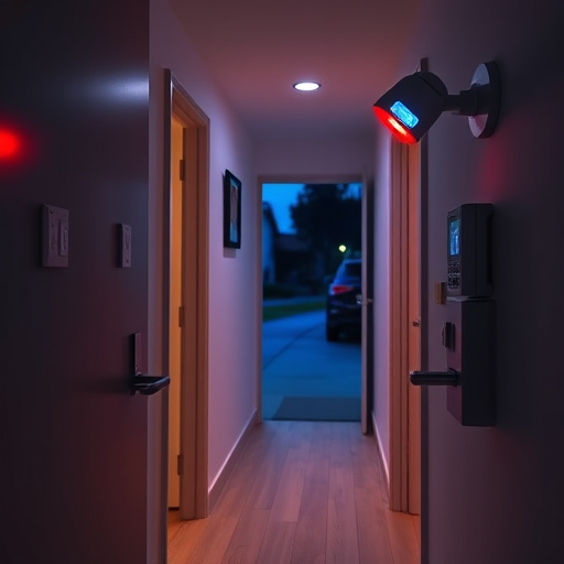 apartment entry secured with bolt lock,connected smart home with multiple sensors,emergency alert system inside hallway,flashing red home security alert light at night,ai security camera scanning for movement,night vision security camera watching driveway
