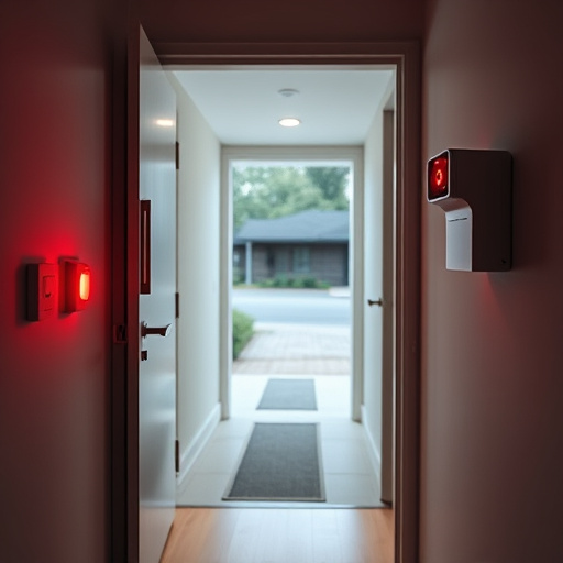 apartment entry secured with bolt lock,connected smart home with multiple sensors,emergency alert system inside hallway,flashing red home security alert light at night,ai security camera scanning for movement,night vision security camera watching driveway
