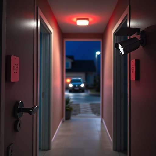 apartment entry secured with bolt lock,connected smart home with multiple sensors,emergency alert system inside hallway,flashing red home security alert light at night,ai security camera scanning for movement,night vision security camera watching driveway