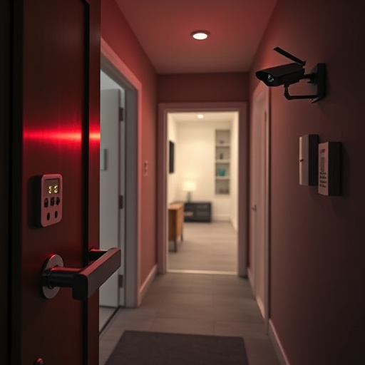 apartment entry secured with bolt lock,connected smart home with multiple sensors,emergency alert system inside hallway,flashing red home security alert light at night,ai security camera scanning for movement,night vision security camera watching driveway