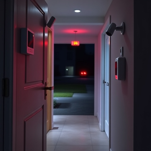 apartment entry secured with bolt lock,connected smart home with multiple sensors,emergency alert system inside hallway,flashing red home security alert light at night,ai security camera scanning for movement,night vision security camera watching driveway