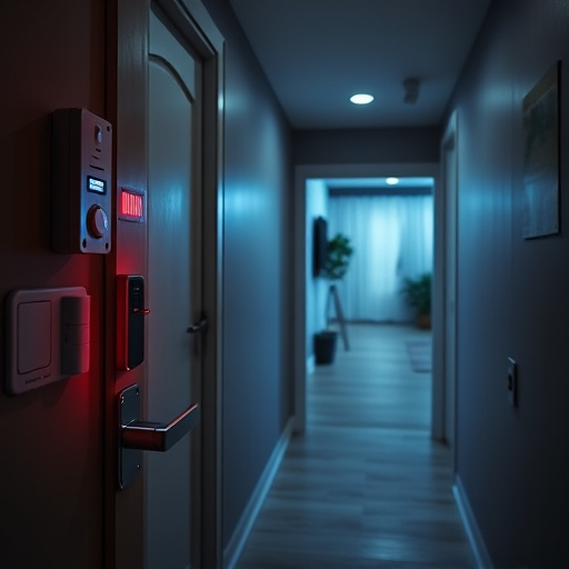 apartment entry secured with bolt lock,connected smart home with multiple sensors,emergency alert system inside hallway,flashing red home security alert light at night,ai security camera scanning for movement,night vision security camera watching driveway