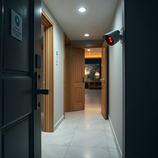 apartment entry secured with bolt lock,connected smart home with multiple sensors,emergency alert system inside hallway,flashing red home security alert light at night,ai security camera scanning for movement,night vision security camera watching driveway