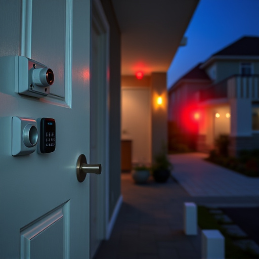 apartment entry secured with bolt lock,connected smart home with multiple sensors,emergency alert system inside hallway,flashing red home security alert light at night,ai security camera scanning for movement,night vision security camera watching driveway