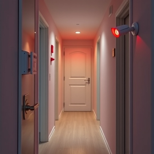 apartment entry secured with bolt lock,connected smart home with multiple sensors,emergency alert system inside hallway,flashing red home security alert light at night,ai security camera scanning for movement,night vision security camera watching driveway