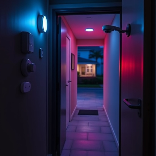 apartment entry secured with bolt lock,connected smart home with multiple sensors,emergency alert system inside hallway,flashing red home security alert light at night,ai security camera scanning for movement,night vision security camera watching driveway