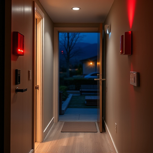apartment entry secured with bolt lock,connected smart home with multiple sensors,emergency alert system inside hallway,flashing red home security alert light at night,ai security camera scanning for movement,night vision security camera watching driveway