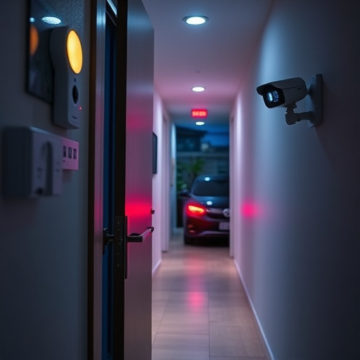 apartment entry secured with bolt lock,connected smart home with multiple sensors,emergency alert system inside hallway,flashing red home security alert light at night,ai security camera scanning for movement,night vision security camera watching driveway