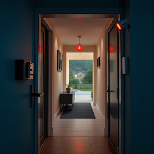 apartment entry secured with bolt lock,connected smart home with multiple sensors,emergency alert system inside hallway,flashing red home security alert light at night,ai security camera scanning for movement,night vision security camera watching driveway