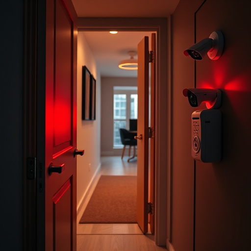 apartment entry secured with bolt lock,connected smart home with multiple sensors,emergency alert system inside hallway,flashing red home security alert light at night,ai security camera scanning for movement,night vision security camera watching driveway