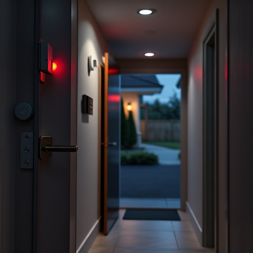 apartment entry secured with bolt lock,connected smart home with multiple sensors,emergency alert system inside hallway,flashing red home security alert light at night,ai security camera scanning for movement,night vision security camera watching driveway