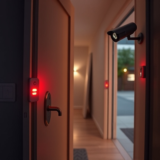apartment entry secured with bolt lock,connected smart home with multiple sensors,emergency alert system inside hallway,flashing red home security alert light at night,ai security camera scanning for movement,night vision security camera watching driveway