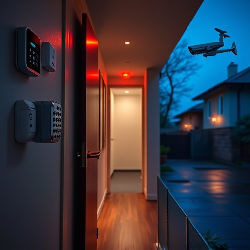 apartment entry secured with bolt lock,connected smart home with multiple sensors,emergency alert system inside hallway,flashing red home security alert light at night,ai security camera scanning for movement,night vision security camera watching driveway