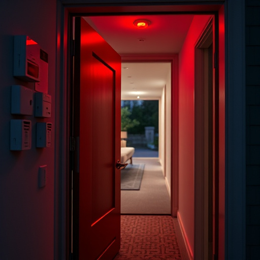 apartment entry secured with bolt lock,connected smart home with multiple sensors,emergency alert system inside hallway,flashing red home security alert light at night,ai security camera scanning for movement,night vision security camera watching driveway