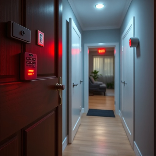 apartment entry secured with bolt lock,connected smart home with multiple sensors,emergency alert system inside hallway,flashing red home security alert light at night,ai security camera scanning for movement,night vision security camera watching driveway