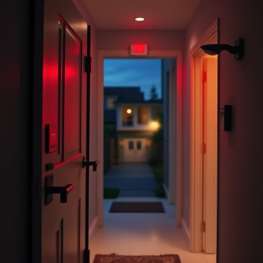 apartment entry secured with bolt lock,connected smart home with multiple sensors,emergency alert system inside hallway,flashing red home security alert light at night,ai security camera scanning for movement,night vision security camera watching driveway