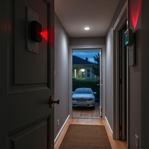 apartment entry secured with bolt lock,connected smart home with multiple sensors,emergency alert system inside hallway,flashing red home security alert light at night,ai security camera scanning for movement,night vision security camera watching driveway