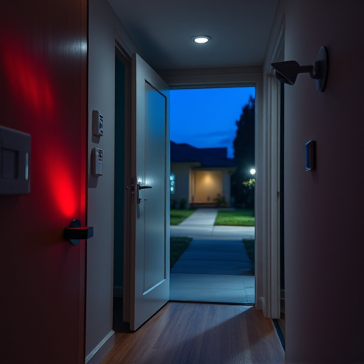 apartment entry secured with bolt lock,connected smart home with multiple sensors,emergency alert system inside hallway,flashing red home security alert light at night,ai security camera scanning for movement,night vision security camera watching driveway