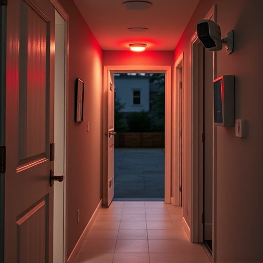 apartment entry secured with bolt lock,connected smart home with multiple sensors,emergency alert system inside hallway,flashing red home security alert light at night,ai security camera scanning for movement,night vision security camera watching driveway