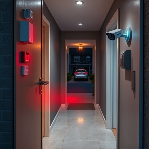 apartment entry secured with bolt lock,connected smart home with multiple sensors,emergency alert system inside hallway,flashing red home security alert light at night,ai security camera scanning for movement,night vision security camera watching driveway