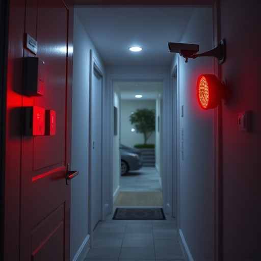 apartment entry secured with bolt lock,connected smart home with multiple sensors,emergency alert system inside hallway,flashing red home security alert light at night,ai security camera scanning for movement,night vision security camera watching driveway