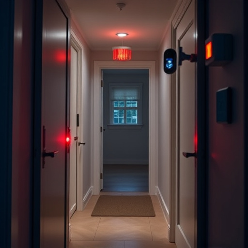 apartment entry secured with bolt lock,connected smart home with multiple sensors,emergency alert system inside hallway,flashing red home security alert light at night,ai security camera scanning for movement,night vision security camera watching driveway