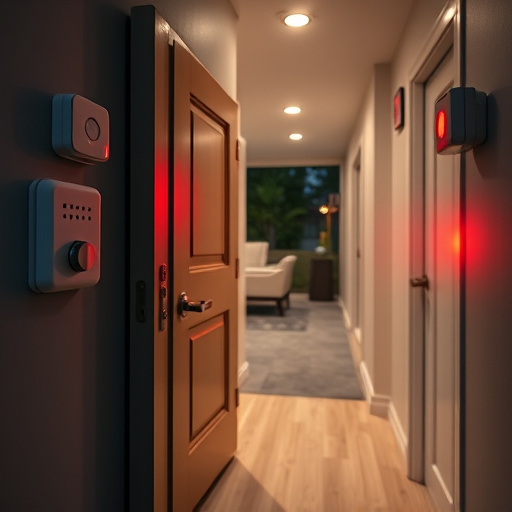 apartment entry secured with bolt lock,connected smart home with multiple sensors,emergency alert system inside hallway,flashing red home security alert light at night,ai security camera scanning for movement,night vision security camera watching driveway