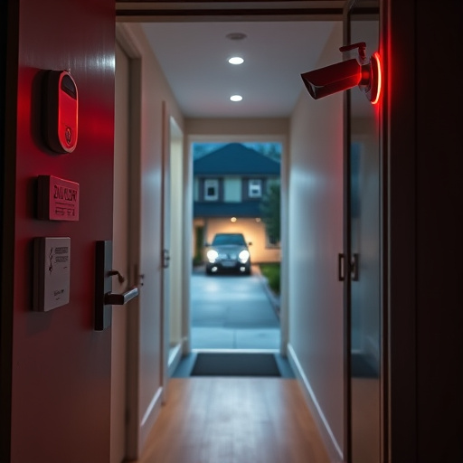 apartment entry secured with bolt lock,connected smart home with multiple sensors,emergency alert system inside hallway,flashing red home security alert light at night,ai security camera scanning for movement,night vision security camera watching driveway
