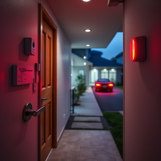 apartment entry secured with bolt lock,connected smart home with multiple sensors,emergency alert system inside hallway,flashing red home security alert light at night,ai security camera scanning for movement,night vision security camera watching driveway