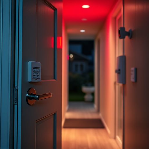 apartment entry secured with bolt lock,connected smart home with multiple sensors,emergency alert system inside hallway,flashing red home security alert light at night,ai security camera scanning for movement,night vision security camera watching driveway