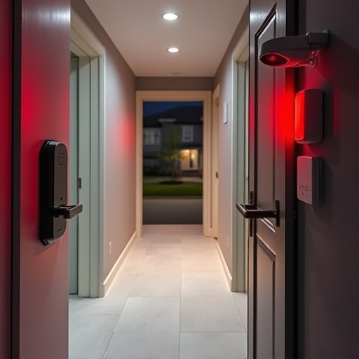 apartment entry secured with bolt lock,connected smart home with multiple sensors,emergency alert system inside hallway,flashing red home security alert light at night,ai security camera scanning for movement,night vision security camera watching driveway
