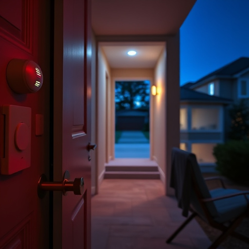 apartment entry secured with bolt lock,connected smart home with multiple sensors,emergency alert system inside hallway,flashing red home security alert light at night,ai security camera scanning for movement,night vision security camera watching driveway