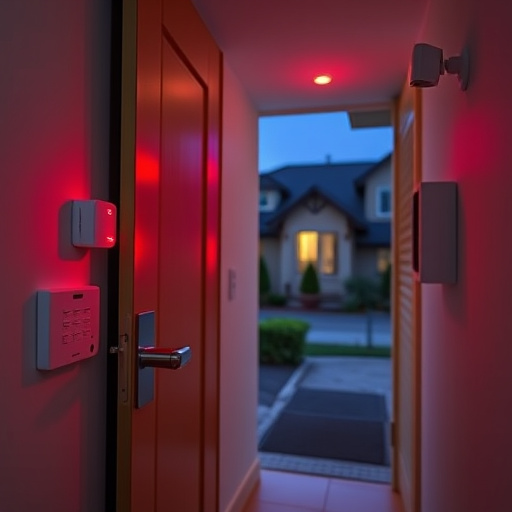 apartment entry secured with bolt lock,connected smart home with multiple sensors,emergency alert system inside hallway,flashing red home security alert light at night,ai security camera scanning for movement,night vision security camera watching driveway