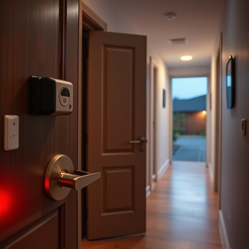 apartment entry secured with bolt lock,connected smart home with multiple sensors,emergency alert system inside hallway,flashing red home security alert light at night,ai security camera scanning for movement,night vision security camera watching driveway