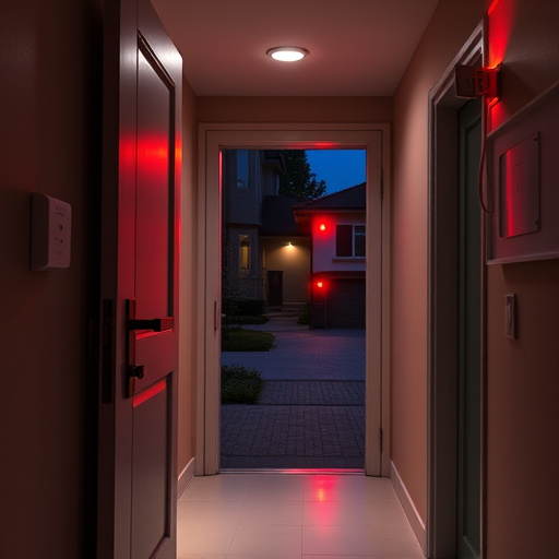 apartment entry secured with bolt lock,connected smart home with multiple sensors,emergency alert system inside hallway,flashing red home security alert light at night,ai security camera scanning for movement,night vision security camera watching driveway