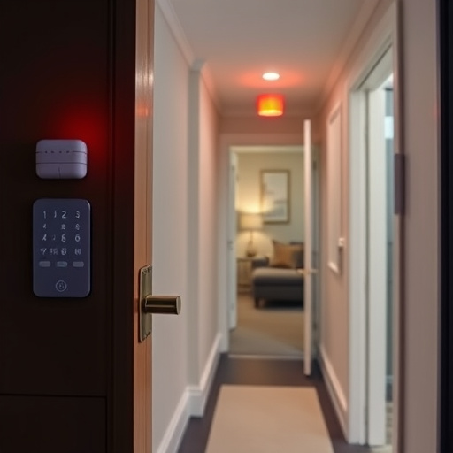 apartment entry secured with bolt lock,connected smart home with multiple sensors,emergency alert system inside hallway,flashing red home security alert light at night,ai security camera scanning for movement,night vision security camera watching driveway