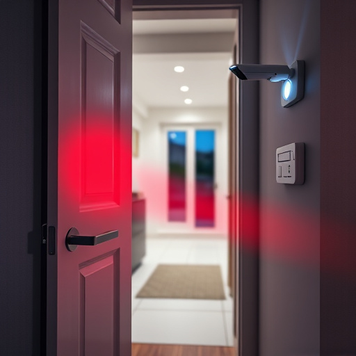 apartment entry secured with bolt lock,connected smart home with multiple sensors,emergency alert system inside hallway,flashing red home security alert light at night,ai security camera scanning for movement,night vision security camera watching driveway