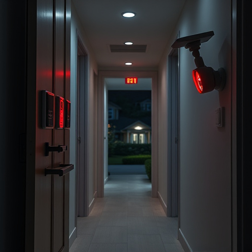 apartment entry secured with bolt lock,connected smart home with multiple sensors,emergency alert system inside hallway,flashing red home security alert light at night,ai security camera scanning for movement,night vision security camera watching driveway